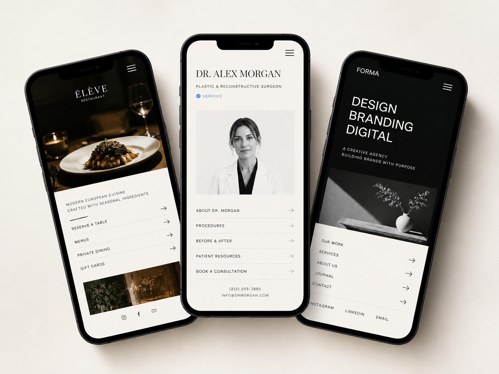 Três exemplos de bio links DuualBio em estilos distintos: restaurante, clínica e agência
